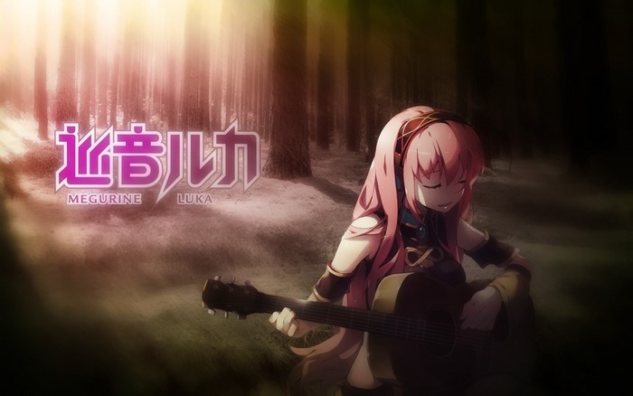 Megurine Luka from Vocaloid playing guitar in a forest