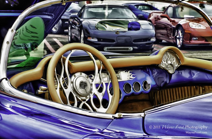 Custom purple Corvette interior with flame details