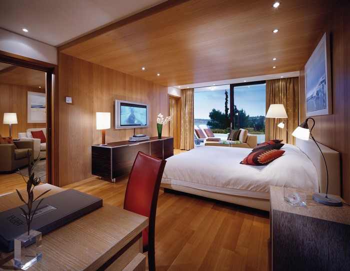 Luxury hotel room with a bed and a view