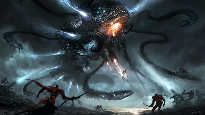 Giant alien creature battling humans