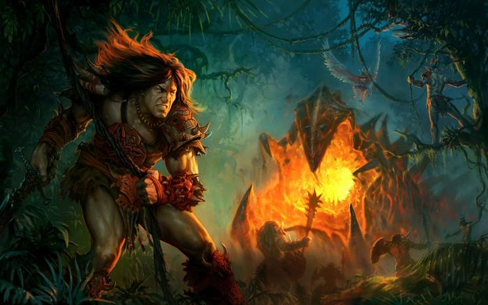 Barbarian warrior fighting a fiery monster in a jungle