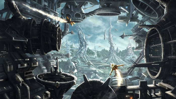 Futuristic city with flying vehicles and advanced architecture