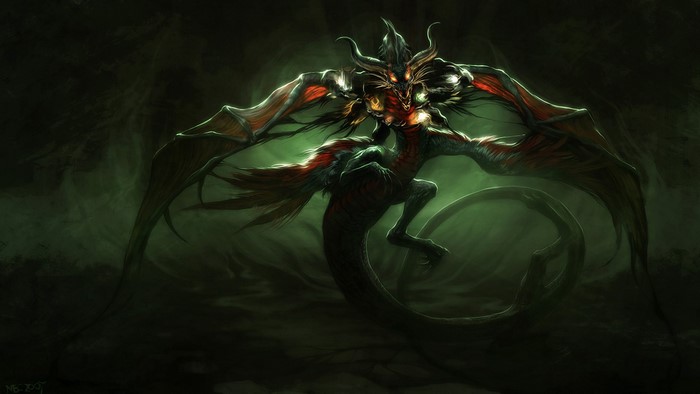 A fearsome winged monster with a long tail
