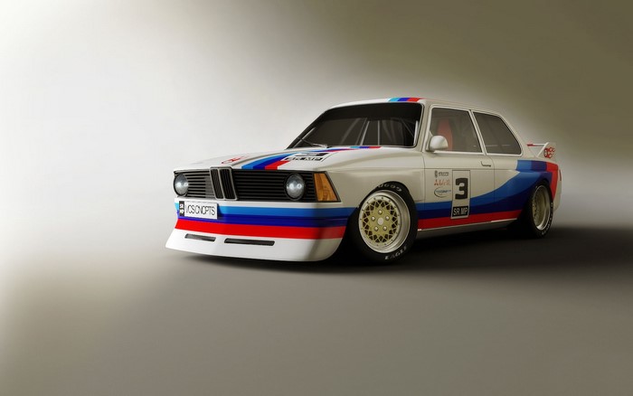 White BMW race car with racing stripes