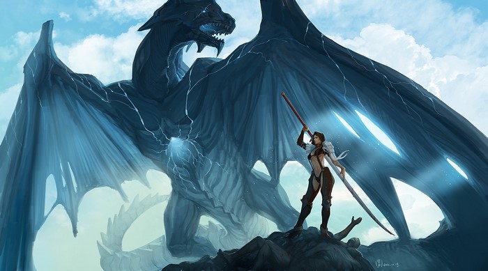 Woman with sword facing a large blue dragon