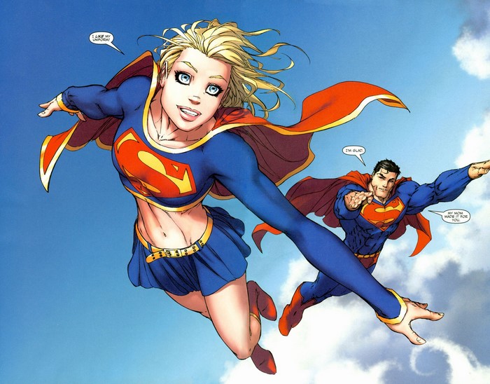 Superman and Supergirl flying in the sky