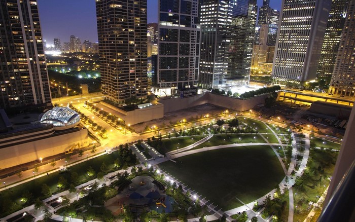 Chicago city skyline at night with park