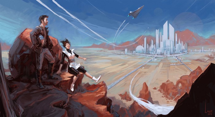 Couple overlooking a futuristic city on a desert planet