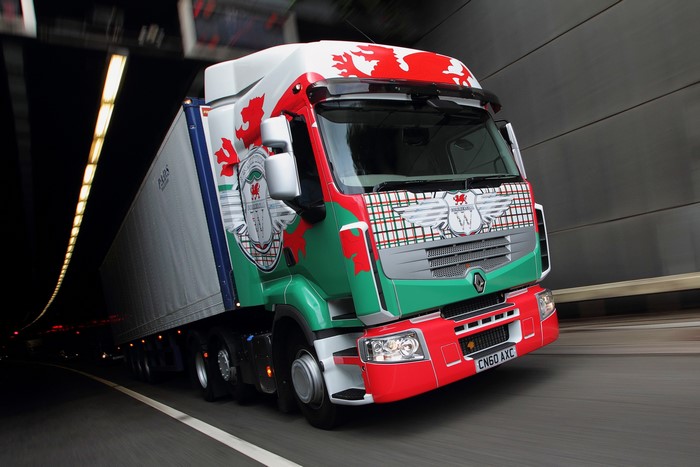 Renault truck with Welsh dragon livery in tunnel
