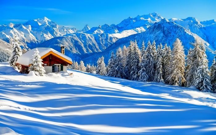 Snowy cabin in the Alps with snow-covered trees and mountains
