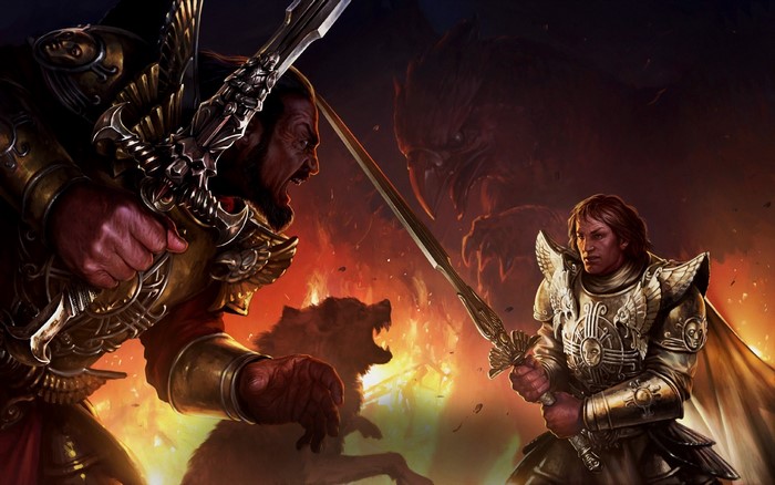 Two warriors and a wolf in a fiery battle