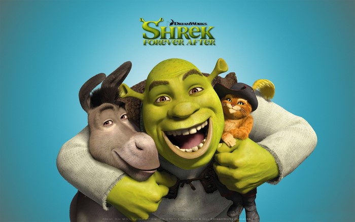 Shrek, Donkey, and Puss in Boots from Shrek Forever After