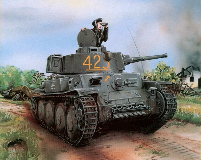 German Panzer III tank with crew member observing