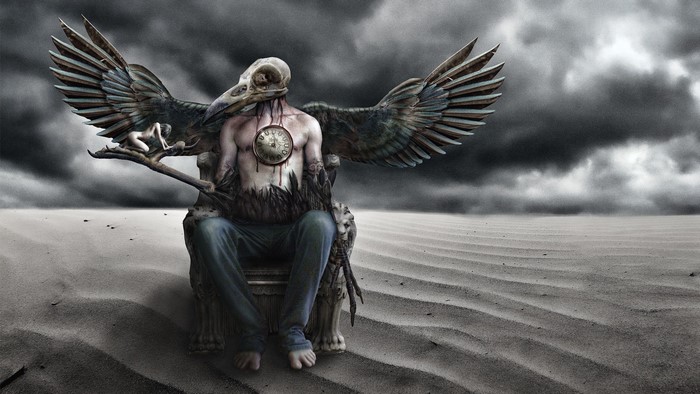 Man with bird skull and wings on throne in desert