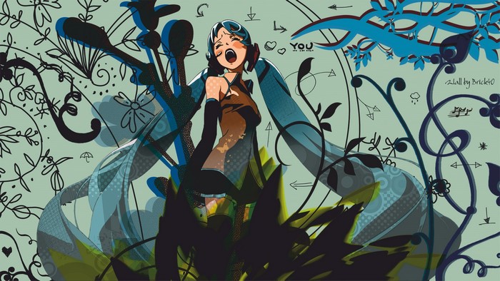 Hatsune Miku from Vocaloid surrounded by abstract floral elements