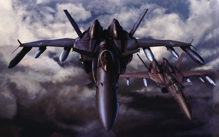 Two fighter jets flying in cloudy sky