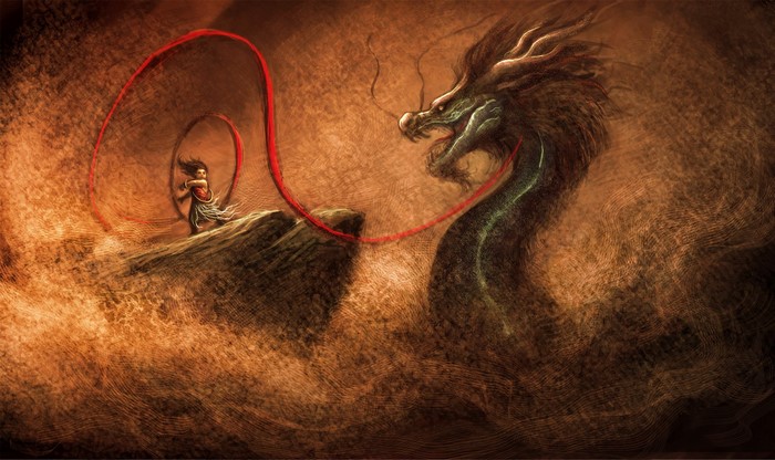 Girl with red ribbon facing a dragon