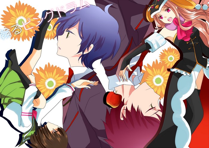 Mawaru Penguin Drum characters with sunflowers