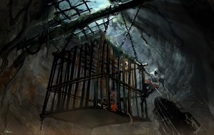 Assassin from Assassin's Creed in a dark cave