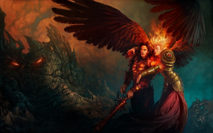 Warrior with fiery wings and armored companion in a dark landscape