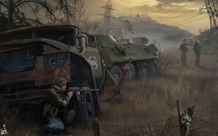 Stalker soldiers in a post-apocalyptic landscape