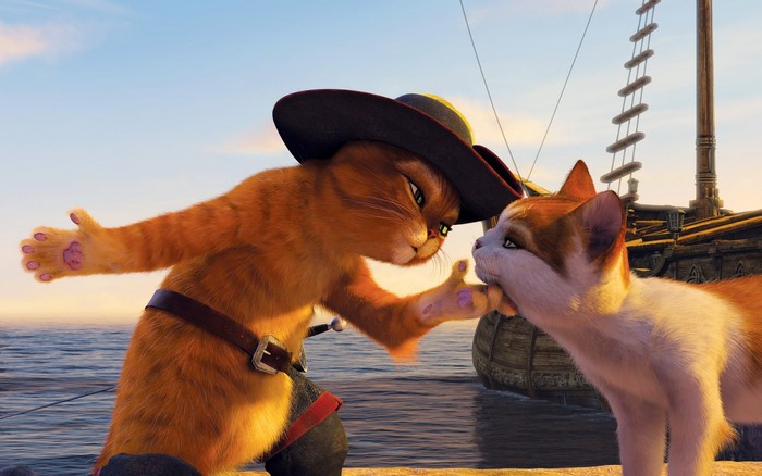 Puss in Boots and Kitty Softpaws on a ship
