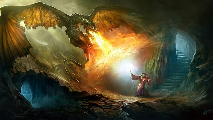 Dragon breathing fire at a wizard in a cave