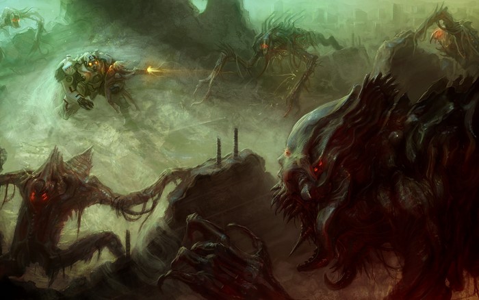 Mecha fights alien monsters in a desolate landscape