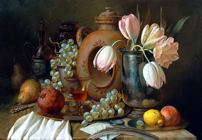Still life with fruit, flowers, and vessels