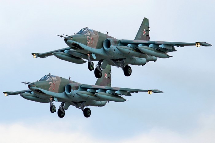 Two Russian Su-25 Frogfoot attack aircraft in flight