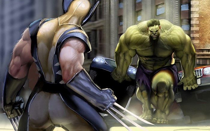 Wolverine vs. Hulk in a city street