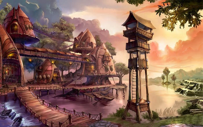 Fantasy village with treehouses and a watchtower