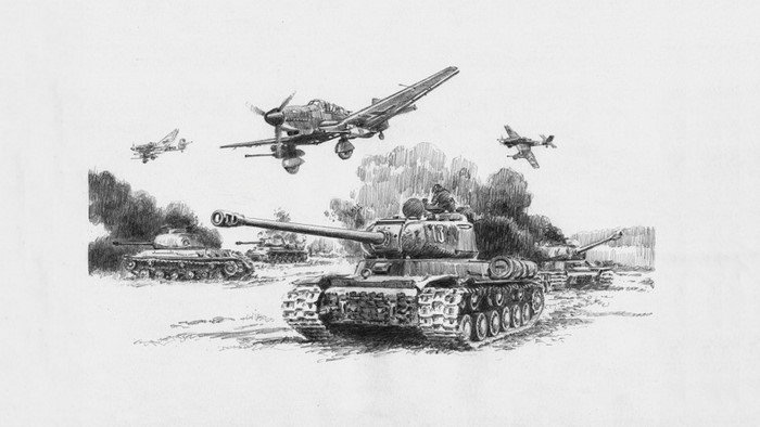 World War II tanks and aircraft in a battle scene