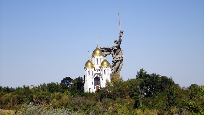 The Motherland Calls statue and Church of All Saints, Volgograd