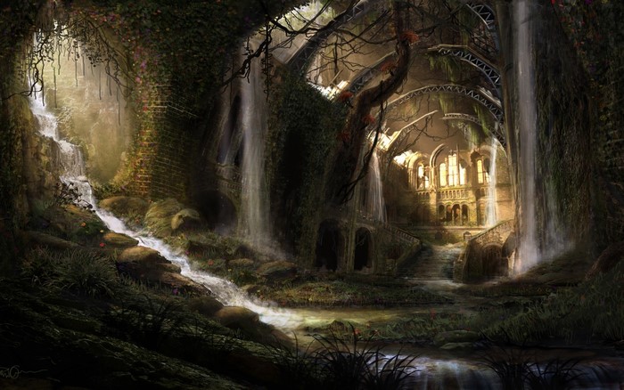 Fantasy ruins with waterfalls and overgrown architecture