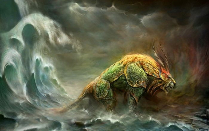 Mythical creature in stormy waters