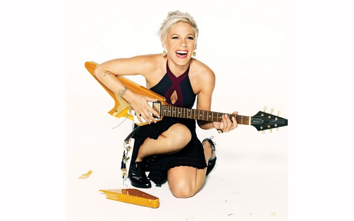 Pink with a guitar