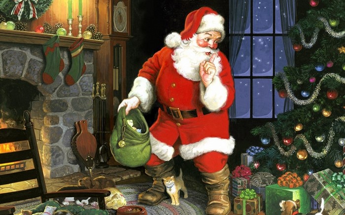 Santa Claus with a sack of toys near a Christmas tree
