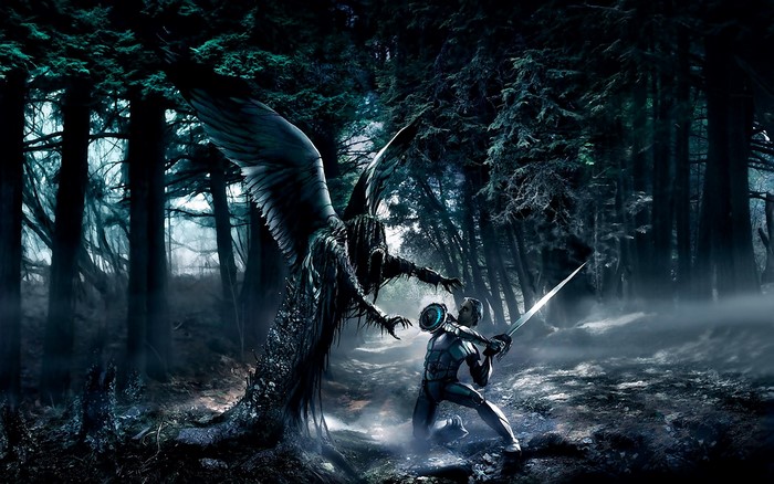 Angel fighting a knight in a dark forest