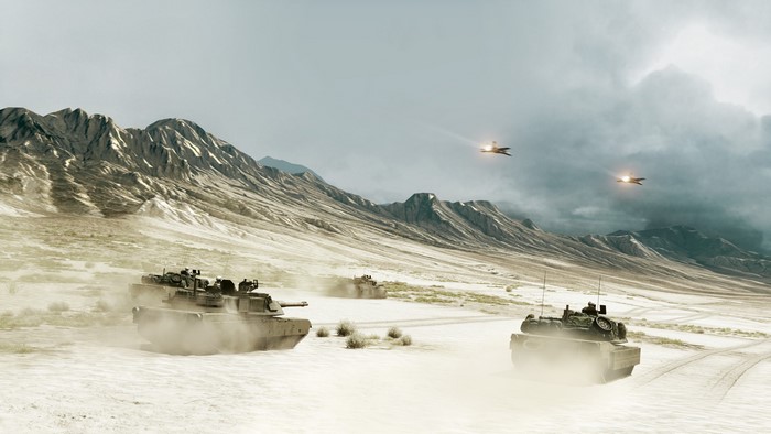 Tanks and jets in a desert battlefield