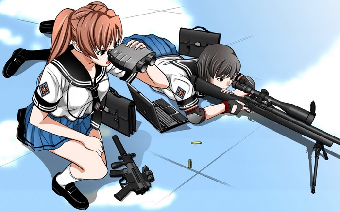 Two girls with sniper rifle and binoculars
