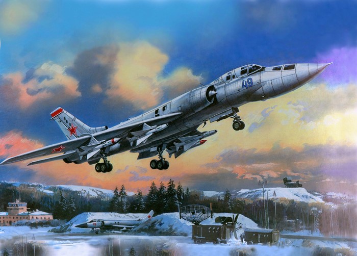 Tu-16 bomber taking off in winter