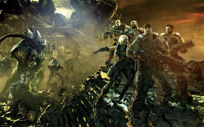 Gears of War characters fighting monsters