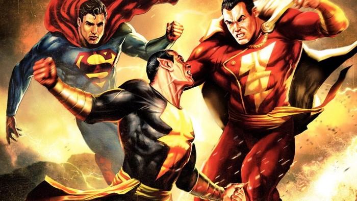 Superman, Shazam, and Black Adam fighting