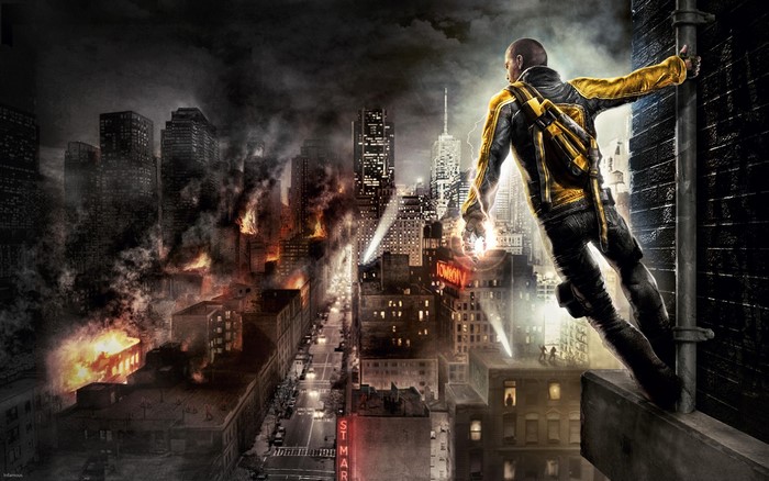 Cole MacGrath from Infamous on a burning city rooftop