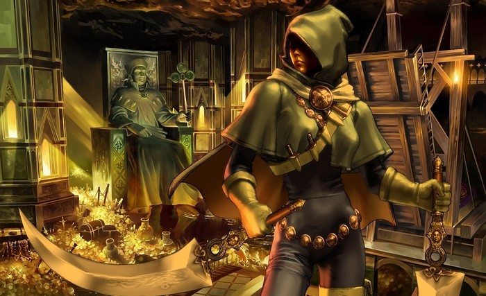 Hooded warrior with scythe in treasure room