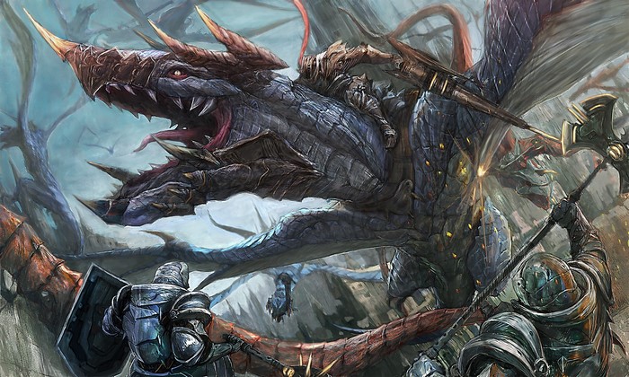 Knights battling a large dragon