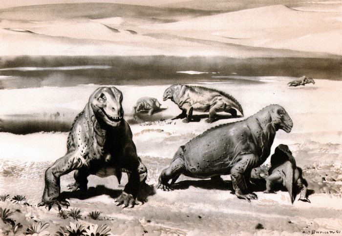 Prehistoric creatures in a barren landscape