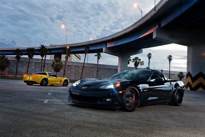 Black and yellow Corvettes under overpass