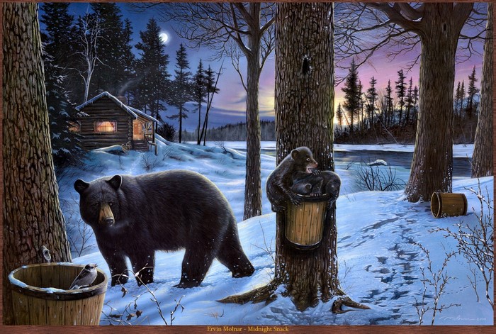 Bears in a snowy forest at dusk